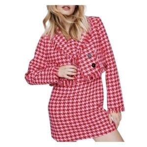 Nasty Gal Boucle Tailored Cropped Blazer Pink Red Houndstooth Preppy Boho Sz 10